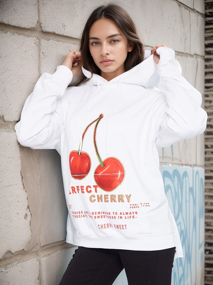 White Perfect Cherry Graphic Print Hoodie