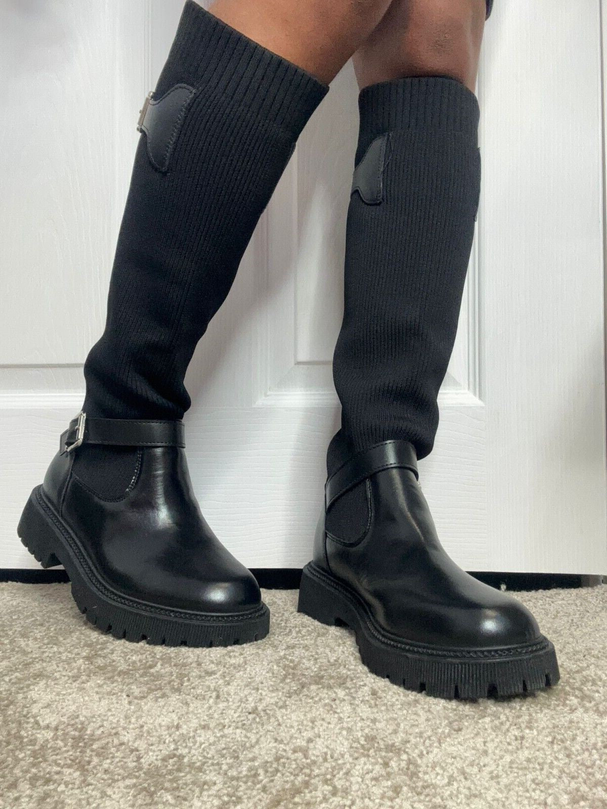 Leather Boots Flat Over The Knee Sock Boots Black Knee High Buckle