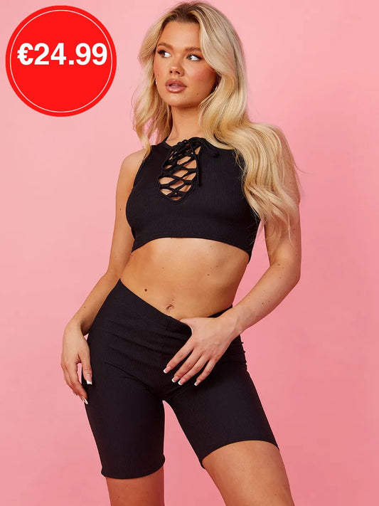 Black Lace Up Plunge Neck Crop Top & Shorts Co-Ord Set