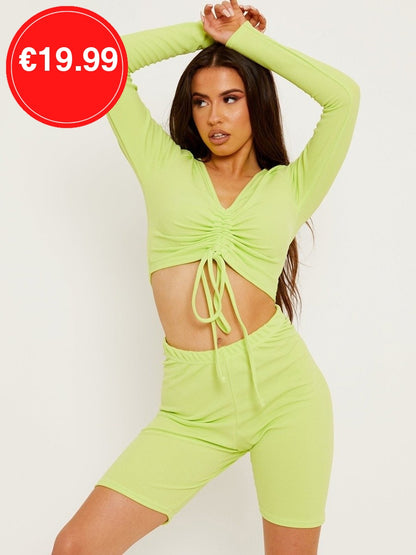Green Ribbed Ruched Crop Top & Scrunch Back Shorts Co-Ord Set