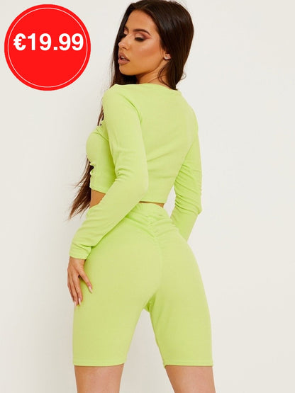 Green Ribbed Ruched Crop Top & Scrunch Back Shorts Co-Ord Set