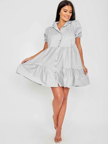 Grey Button Up Tiered Smock Dress