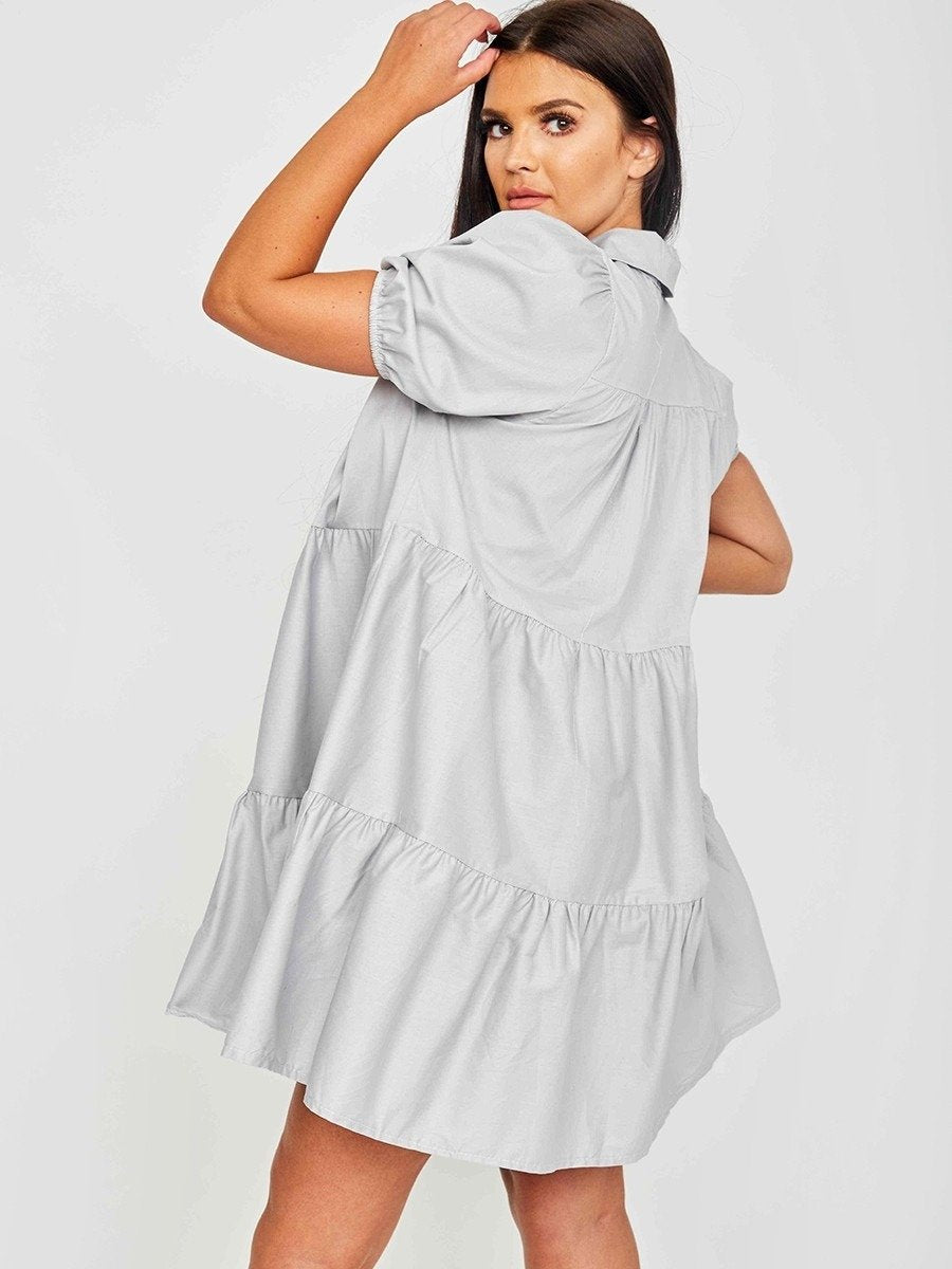 Grey Button Up Tiered Smock Dress