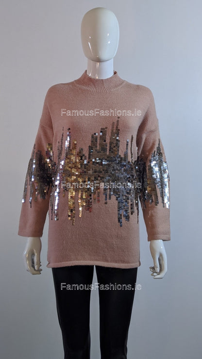 Pink Oversized Sequin High Neck Jumper