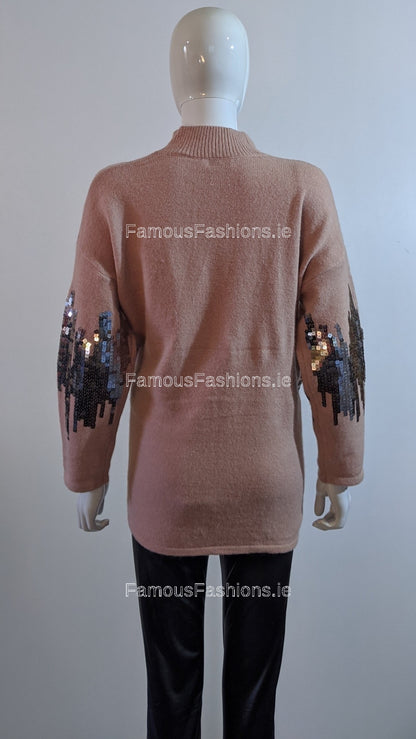 Pink Oversized Sequin High Neck Jumper