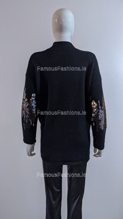 Black Oversized Sequin High Neck Jumper