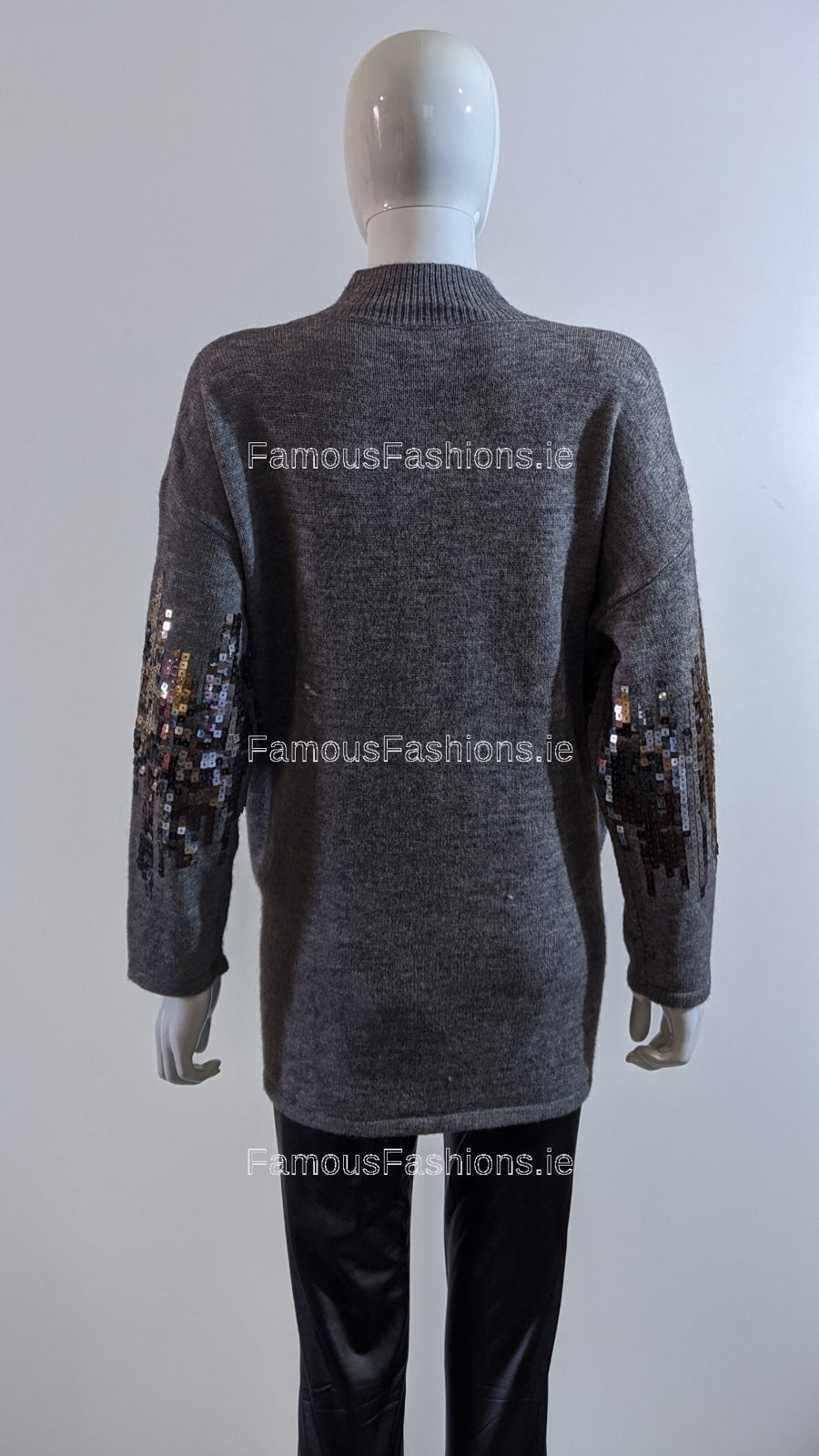 Grey Oversized Sequin High Neck Jumper