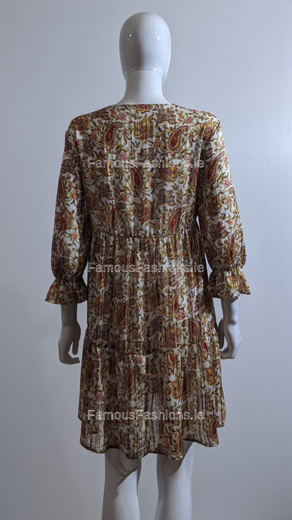 White Paisley Design Smock Dress