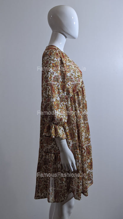 White Paisley Design Smock Dress