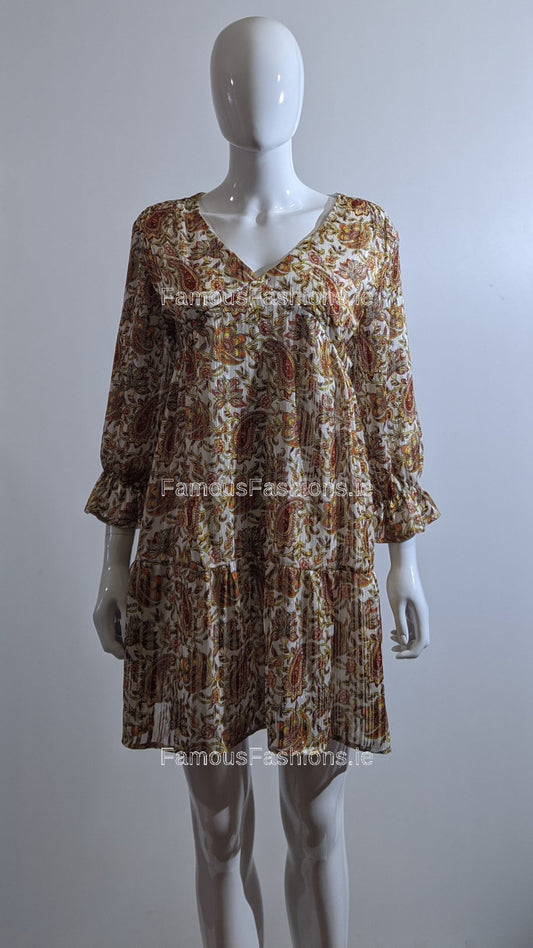 White Paisley Design Smock Dress