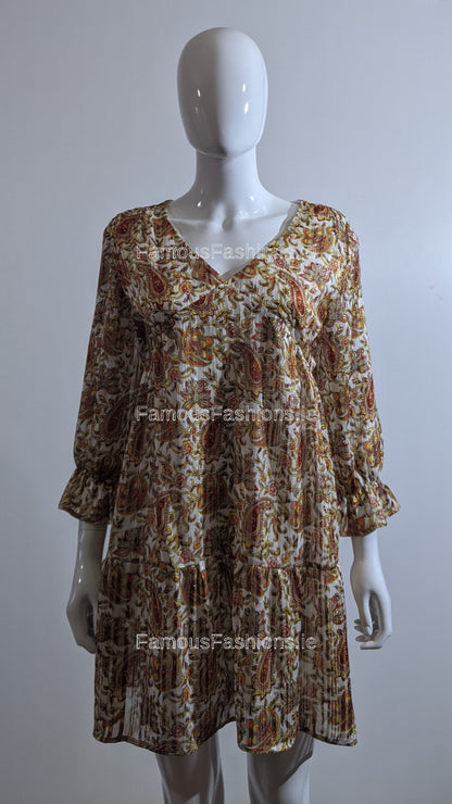 White Paisley Design Smock Dress