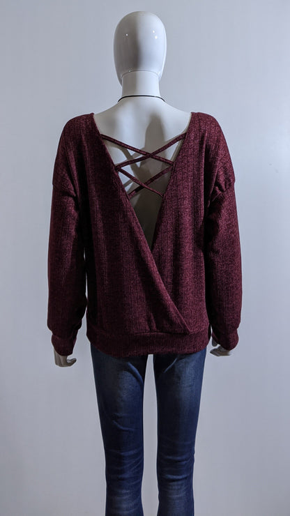 Wine Ribbed Cross-Back Top Jumper