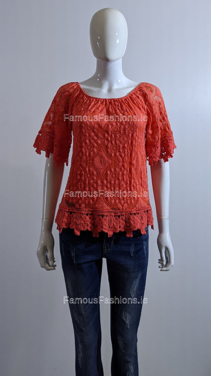 Coral Lace Detail Top