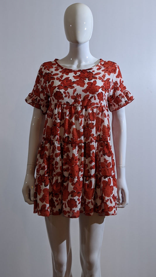 Red Floral Print Tiered Smock Dress