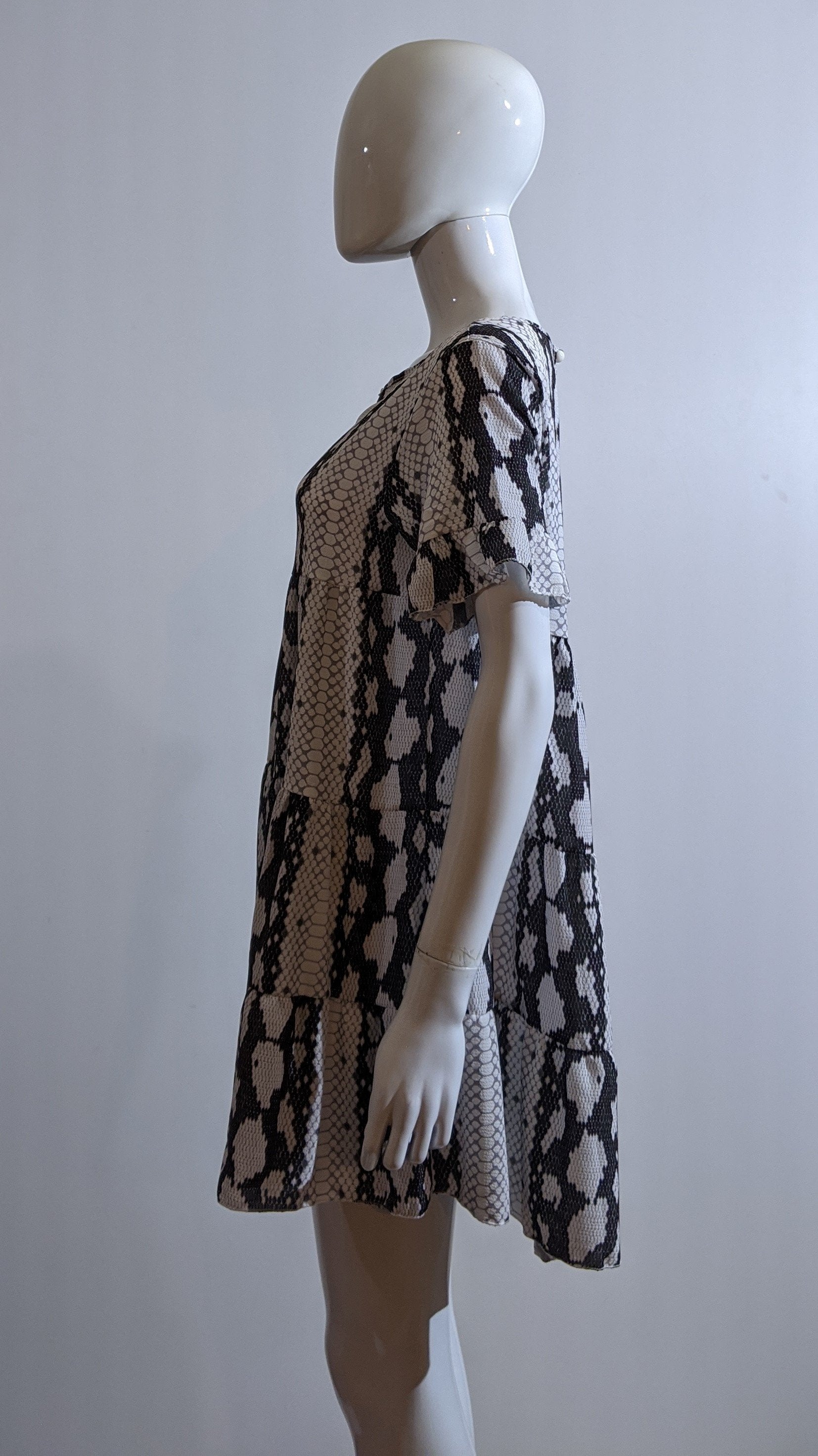White Snake Print Pattern Tiered Smock Dress