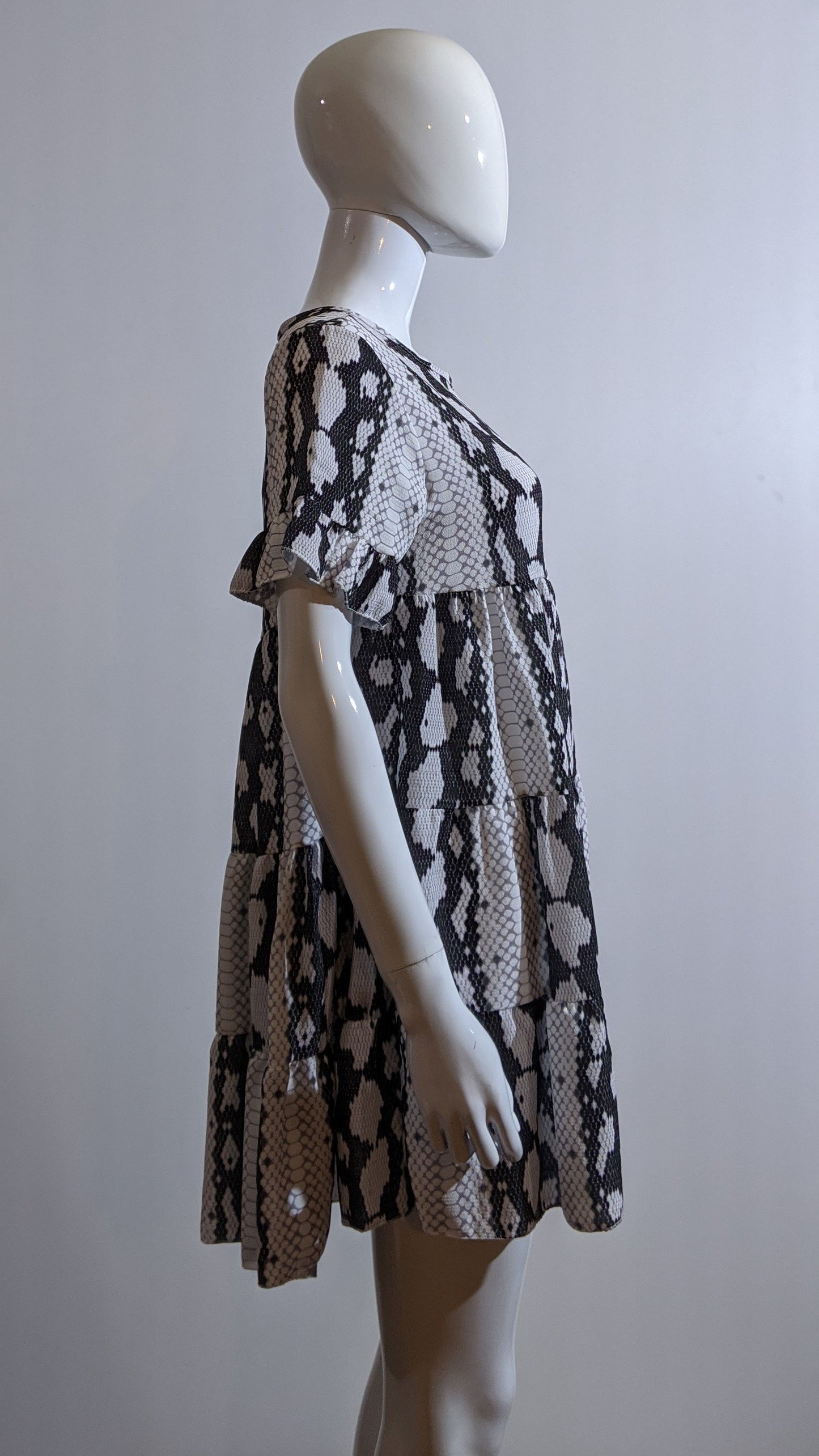 White Snake Print Pattern Tiered Smock Dress