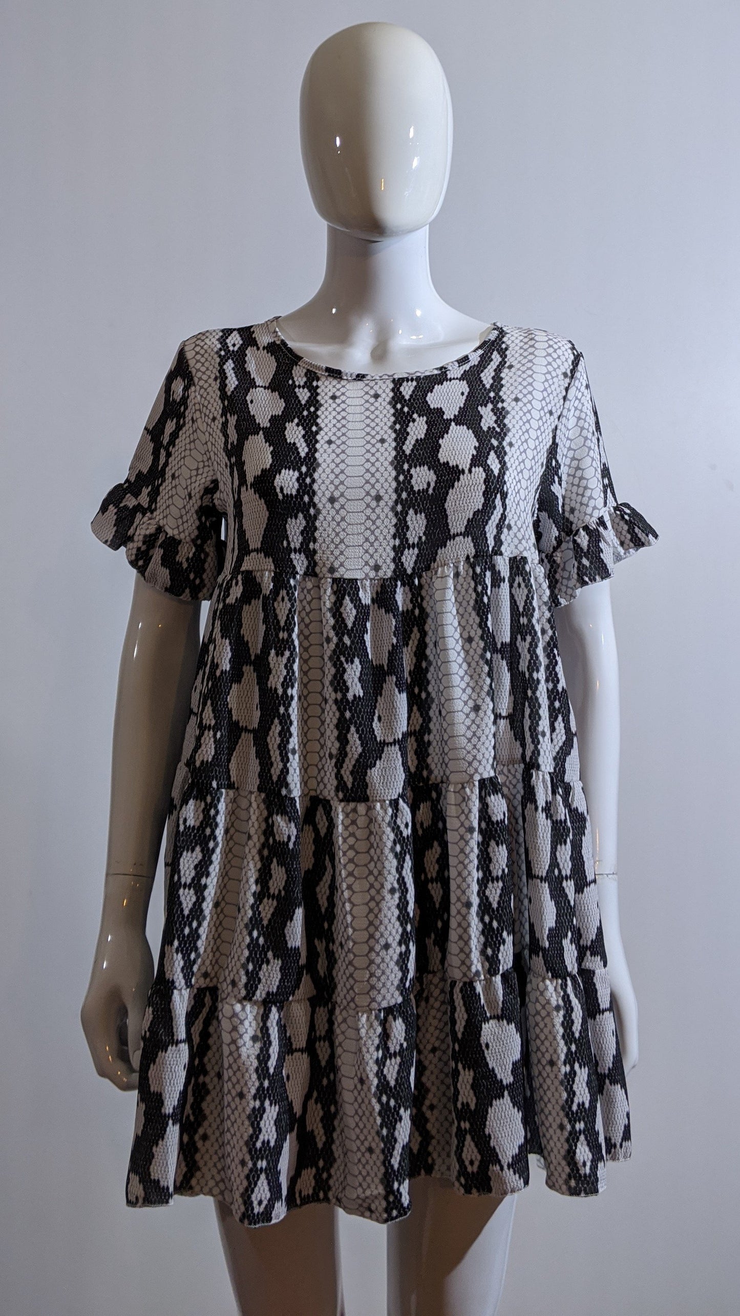 White Snake Print Pattern Tiered Smock Dress