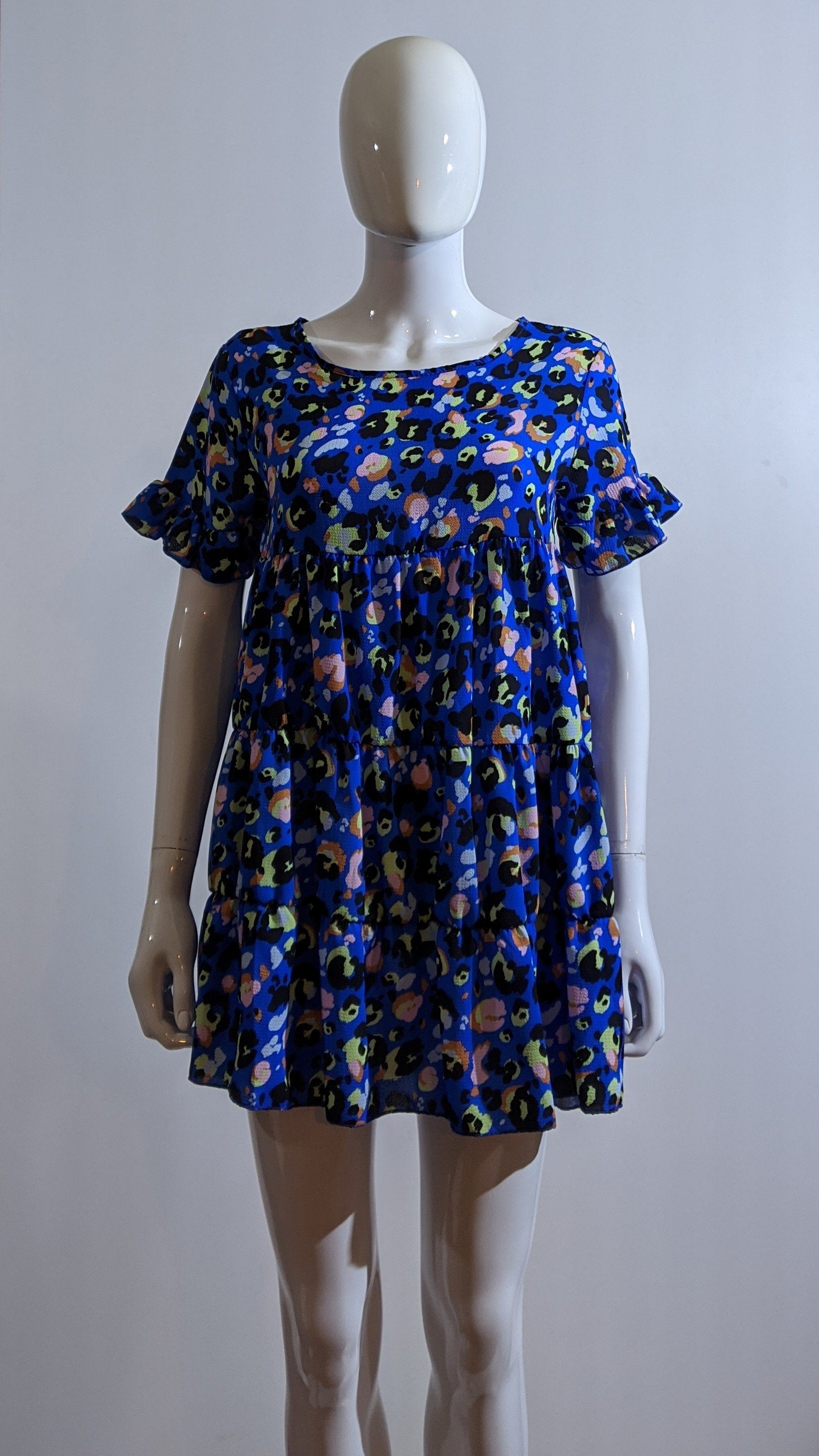 Blue Leopard Print Tiered Smock Dress
