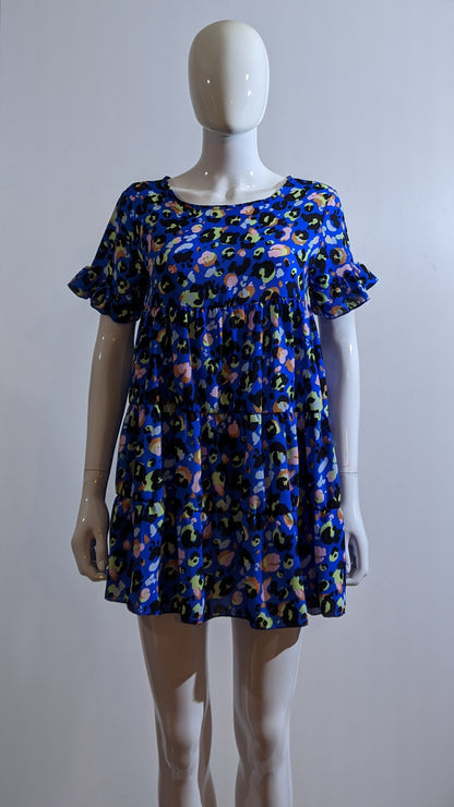 Blue Leopard Print Tiered Smock Dress