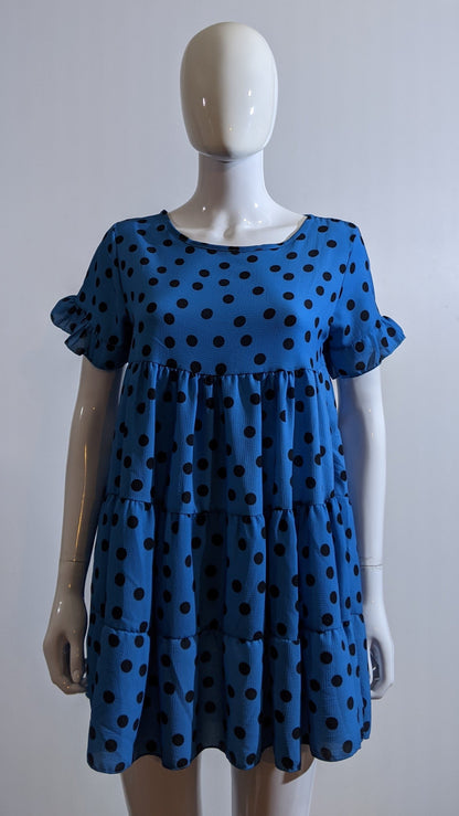 Blue Polka Dot Print Tiered Smock Dress