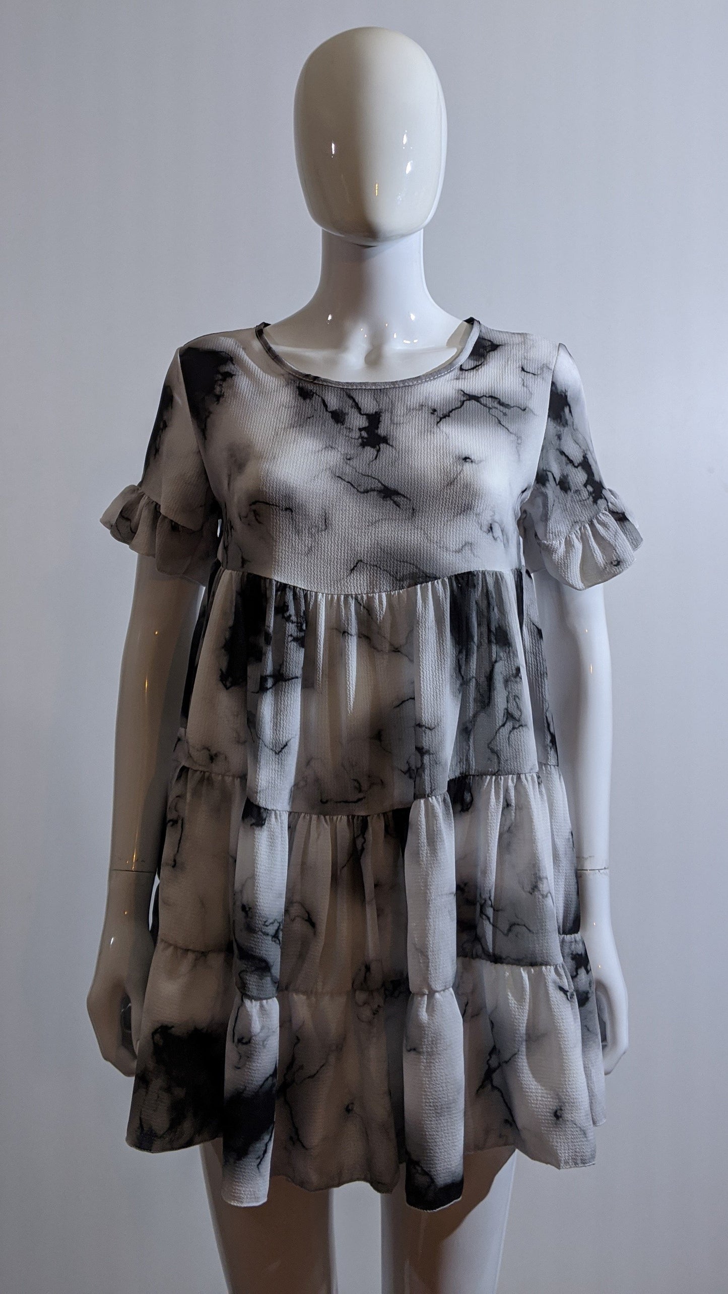 Grey Tie Dye Print Tiered Smock Dress