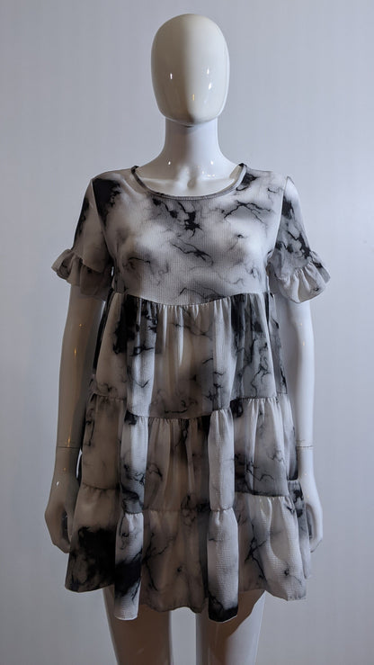 Grey Tie Dye Print Tiered Smock Dress