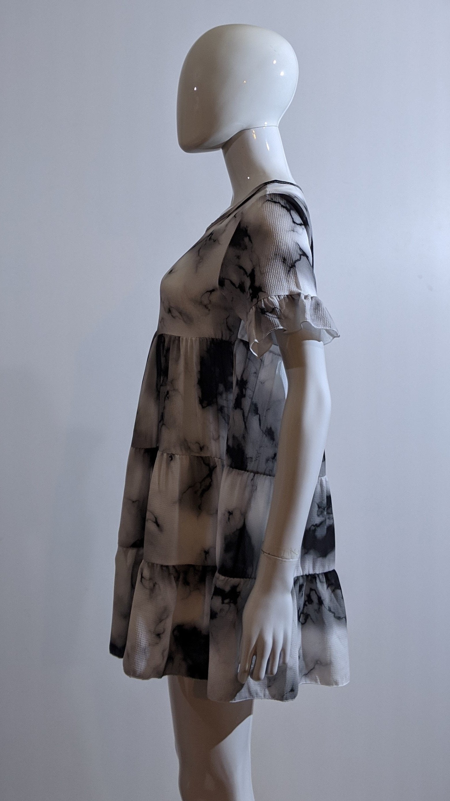 Grey Tie Dye Print Tiered Smock Dress