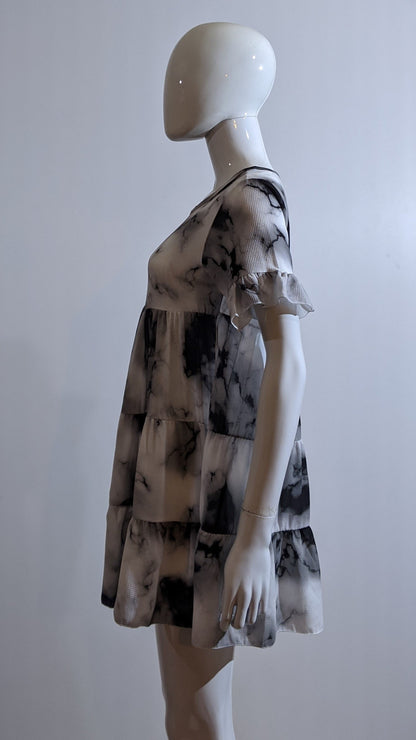 Grey Tie Dye Print Tiered Smock Dress
