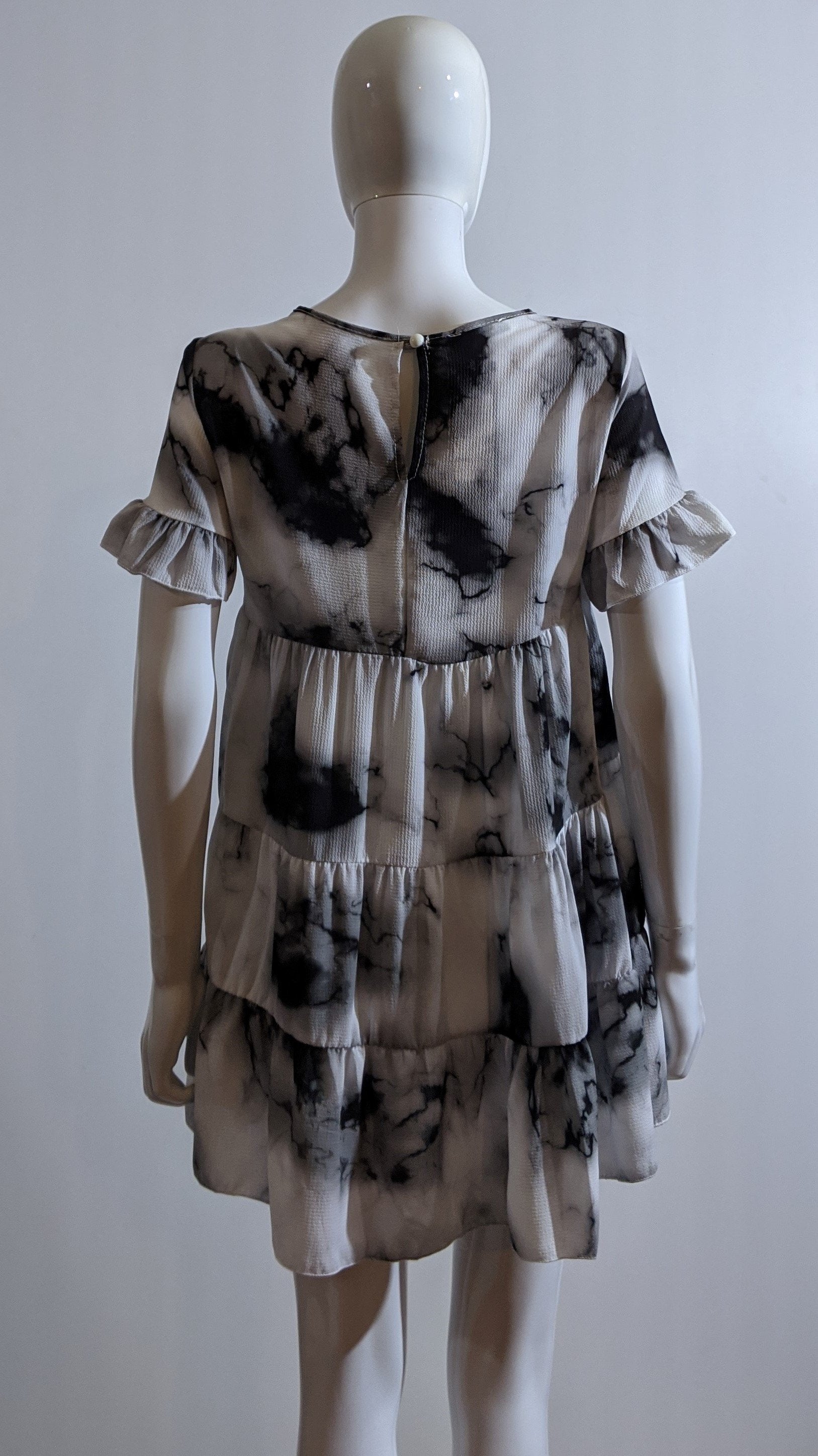 Grey Tie Dye Print Tiered Smock Dress