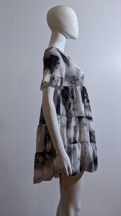 Grey Tie Dye Print Tiered Smock Dress