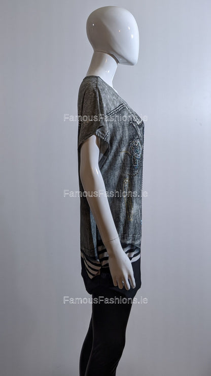 Grey Glitter Denim Design Top