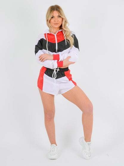 Red Colour Block Jacket and Shorts Set