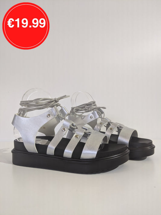 Silver Lace Up Chunky Platform Gladiator Sandals