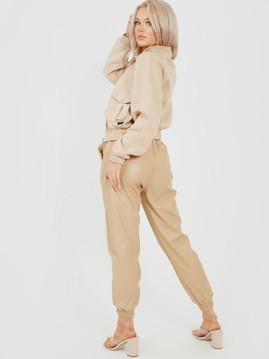 Stone Faux Leather PU Jogger Trouser