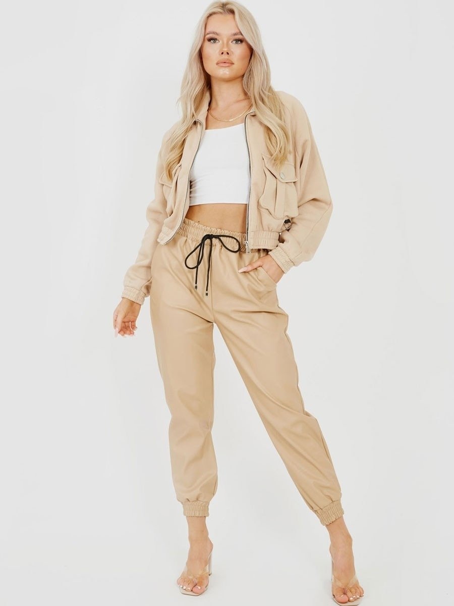 Stone Faux Leather PU Jogger Trouser