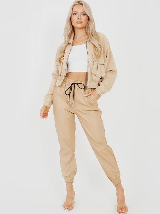 Stone Faux Leather PU Jogger Trouser