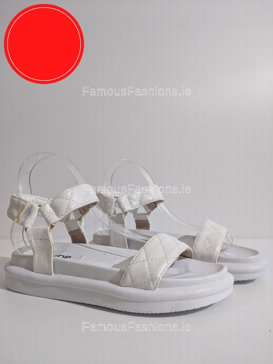 White Quilted Velcro Strap Chunky Platform Sandal